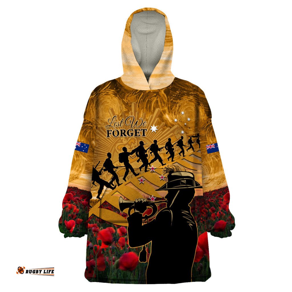 anzac day 2024 wearable blanket hoodie silver fern with a trumpet soldier lt01