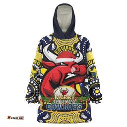 North Queensland Cowboys Christmas Snug Hoodie - Merry Christmas North Queensland Cowboys With Footprints Oodie Blanket
