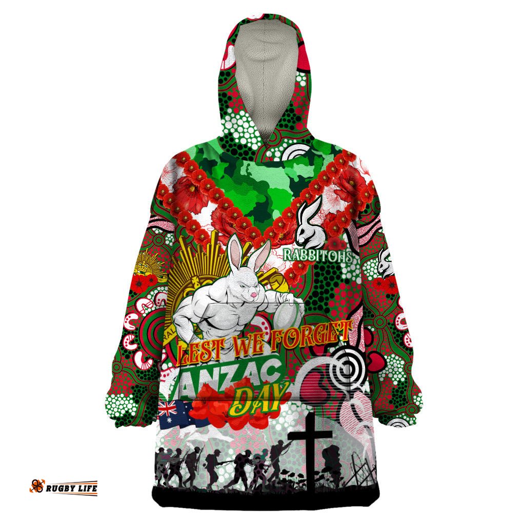personalised rabbitohs anzac day wearable blanket hoodie aboriginal rising sun dt02