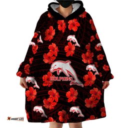 custom text and number dolphins rugby wearable blanket hoodie polynesian style with hibiscus