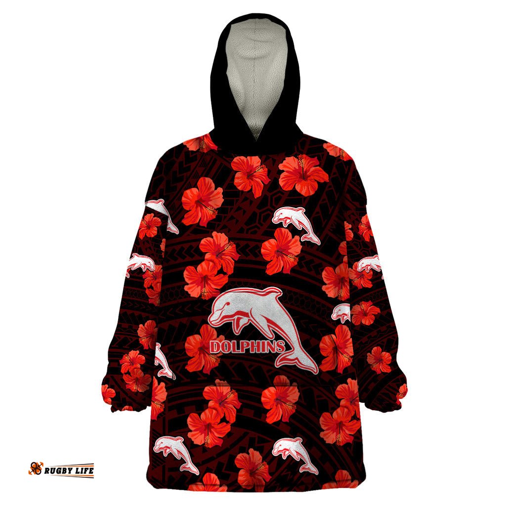 custom text and number dolphins rugby wearable blanket hoodie polynesian style with hibiscus