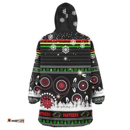 Penrith Panthers Christmas Snug Hoodie - Custom Penrith Panthers Ugly Christmas And Aboriginal Inspired Patterns Oodie Blanket