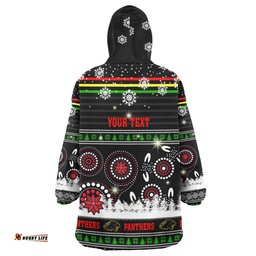 Penrith Panthers Christmas Snug Hoodie - Custom Penrith Panthers Ugly Christmas And Aboriginal Inspired Patterns Oodie Blanket