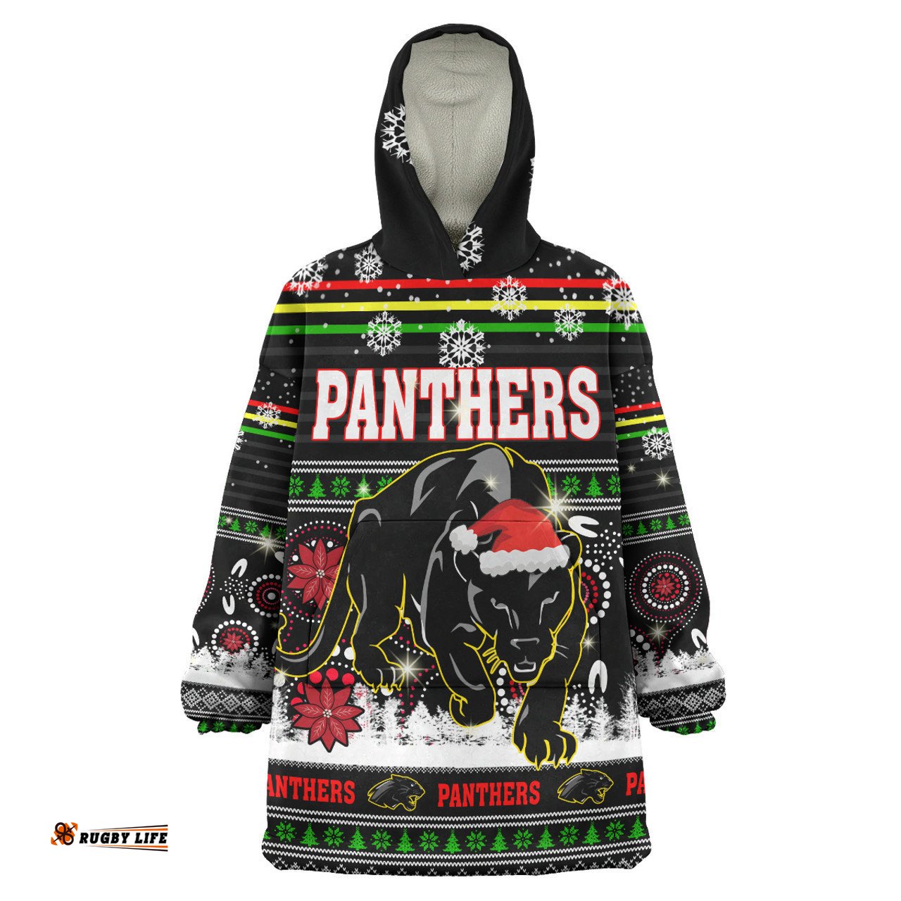 Penrith Panthers Christmas Snug Hoodie - Custom Penrith Panthers Ugly Christmas And Aboriginal Inspired Patterns Oodie Blanket