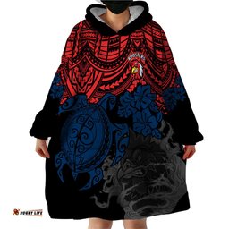 custom roosters rugby wearable blanket hoodie sydney hibiscus and turtle with polynesian pattern