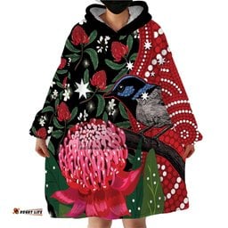 personalised australia waratah and superb fairywren wearable blanket hoodie aboriginal art