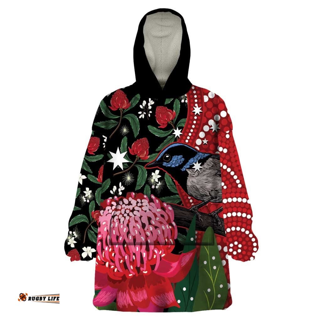 personalised australia waratah and superb fairywren wearable blanket hoodie aboriginal art