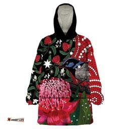 personalised australia waratah and superb fairywren wearable blanket hoodie aboriginal art
