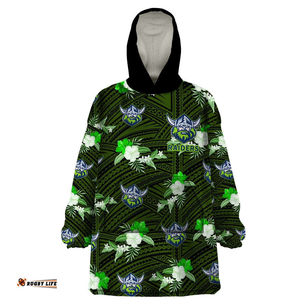 custom text and number raiders rugby wearable blanket hoodie polynesian tribal mix tropical hawaiian style