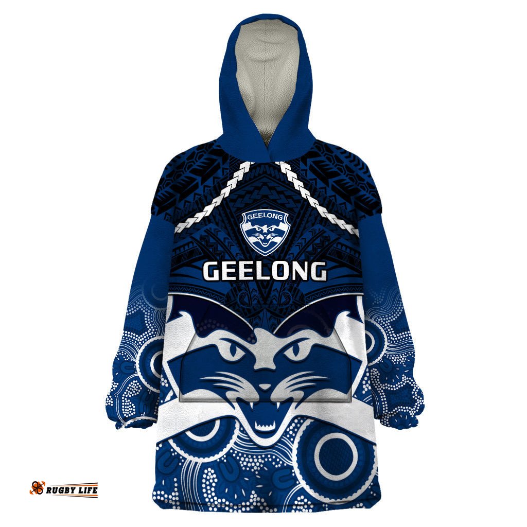 personalised geelong football wearable blanket hoodie go cats aboriginal mix polynesian pattern