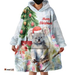 australia christmas wearable blanket hoodie koala santa with eucalyptus watercolor