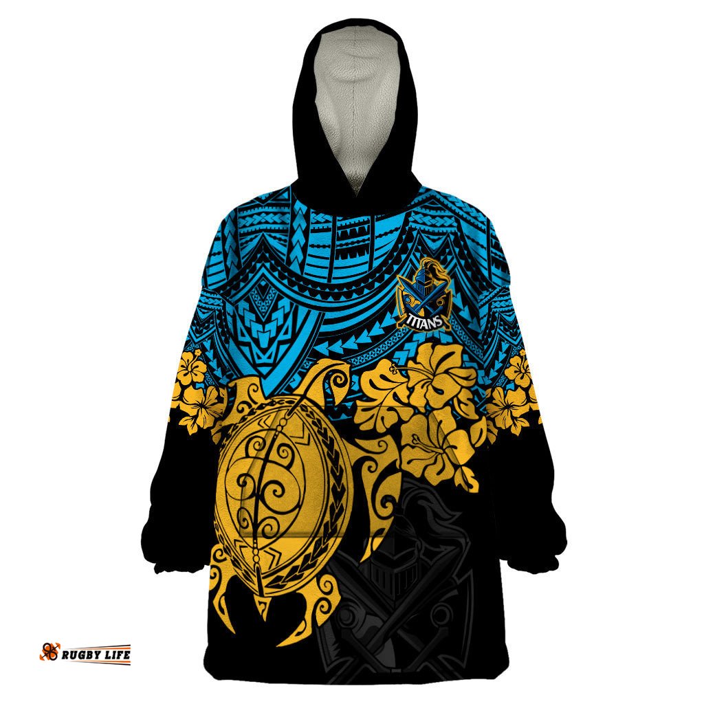 custom titans rugby wearable blanket hoodie gld hibiscus and turtle with polynesian pattern