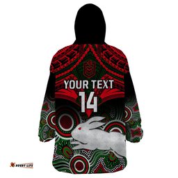 personalised rabbitohs rugby wearable blanket hoodie souths 1908 aboriginal mix polynesian pattern