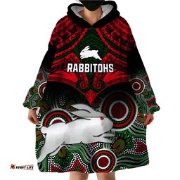personalised rabbitohs rugby wearable blanket hoodie souths 1908 aboriginal mix polynesian pattern