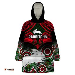 personalised rabbitohs rugby wearable blanket hoodie souths 1908 aboriginal mix polynesian pattern