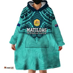 custom australia matildas wearable blanket hoodie polynesian mix turquoise marble