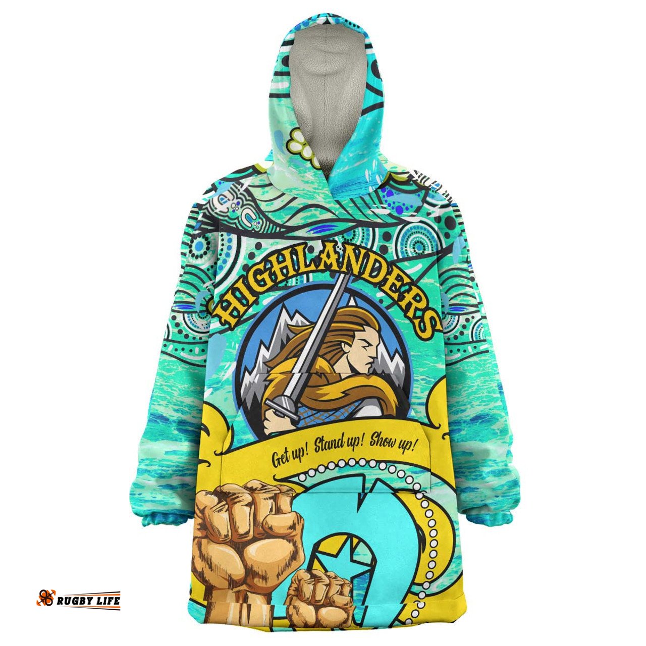 Otago Highlanders Rugby Snug Hoodie - Custom Naidoc Week Highlanders Warrior with Aboriginal Inspired "Get up! Stand up! Show up!" Oodie Blanket