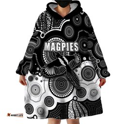 custom personalised and number magpies afl wearable blanket hoodie aboriginal patterns