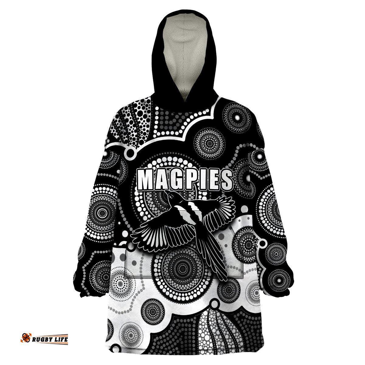 custom personalised and number magpies afl wearable blanket hoodie aboriginal patterns