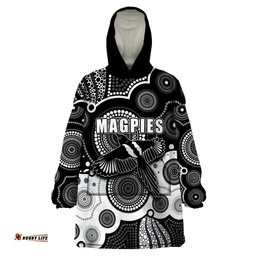 custom personalised and number magpies afl wearable blanket hoodie aboriginal patterns