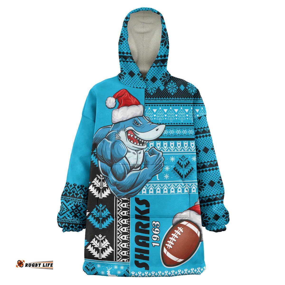 sharks rugby snug hoodie custom christmas snowflakes sharks mascot wearable blanket hoodie