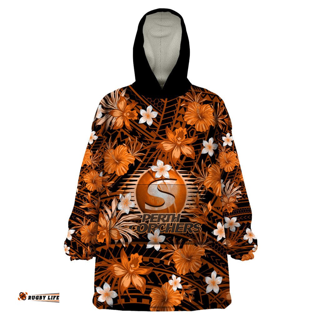 australian scorchers cricket wearable blanket hoodie baeuty pacific hibiscus and polynesian pattern