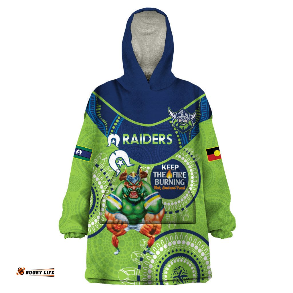 custom nrl raiders naidoc week wearable blanket hoodie keep the fire burning indigenous art