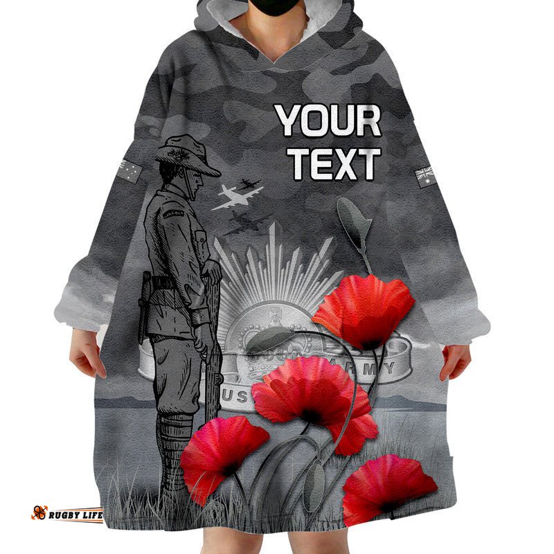 custom personalised remembrance day wearable blanket hoodie soldier australian army rising sun with red poppy
