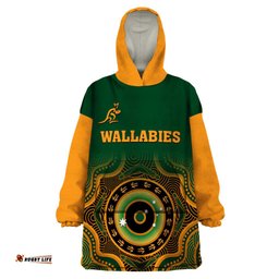 custom text and number wallabies rugby wearable blanket hoodie aussie go champions indigenous green