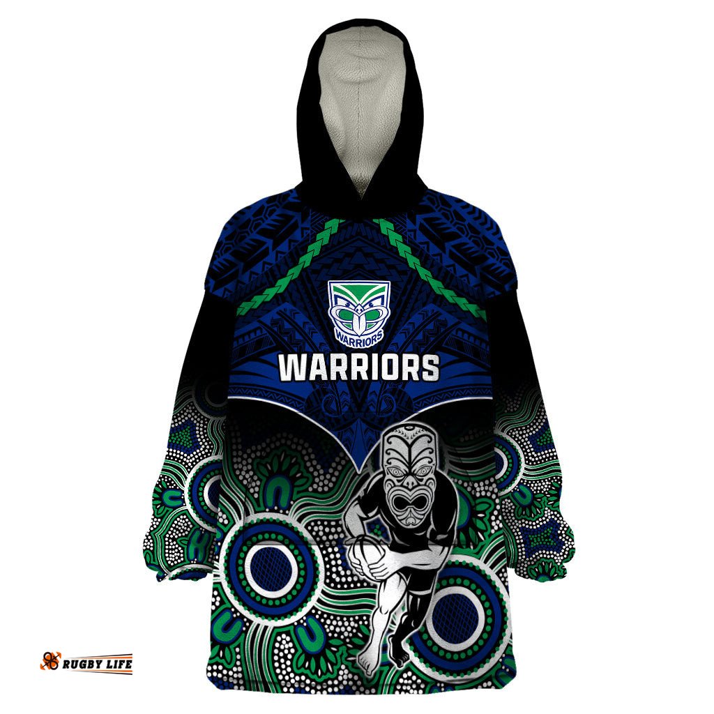personalised warriors rugby wearable blanket hoodie nz aboriginal mix polynesian pattern
