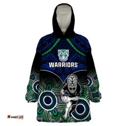 personalised warriors rugby wearable blanket hoodie nz aboriginal mix polynesian pattern