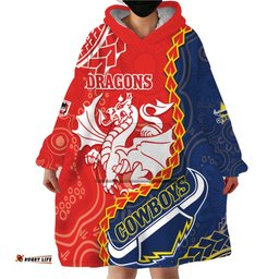 custom dragons and cowboys rugby wearable blanket hoodie aboriginal mix polynesian pattern