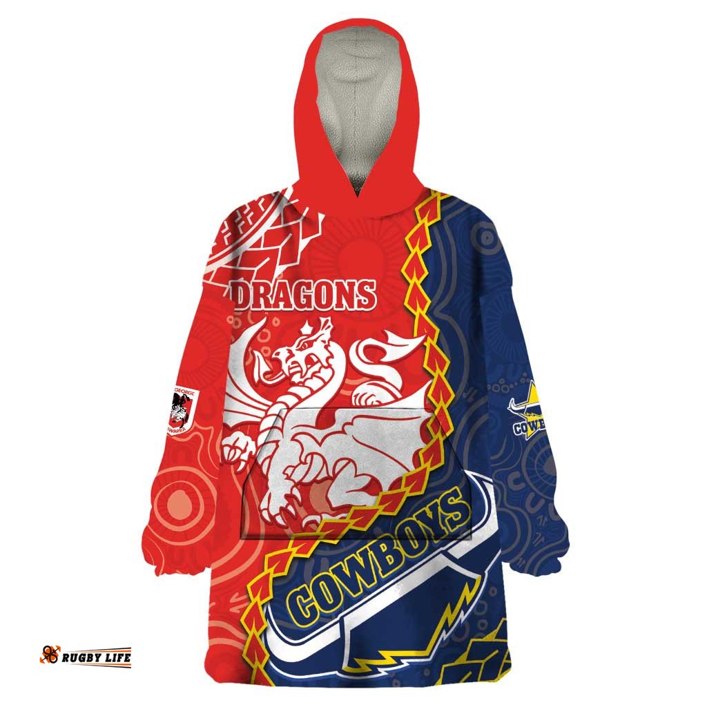 custom dragons and cowboys rugby wearable blanket hoodie aboriginal mix polynesian pattern