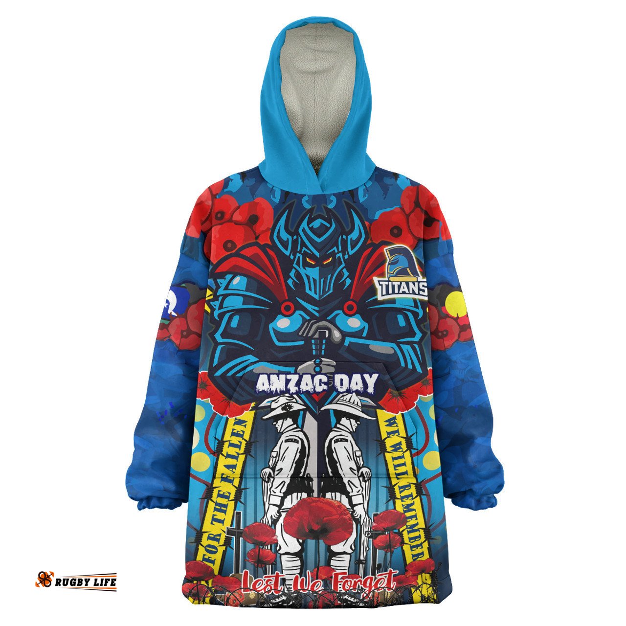 Gold Coast Titans Anzac Watercolour Snug Hoodie - Remembrance Indigenous Titans With Poppy Flower Oodie Blanket