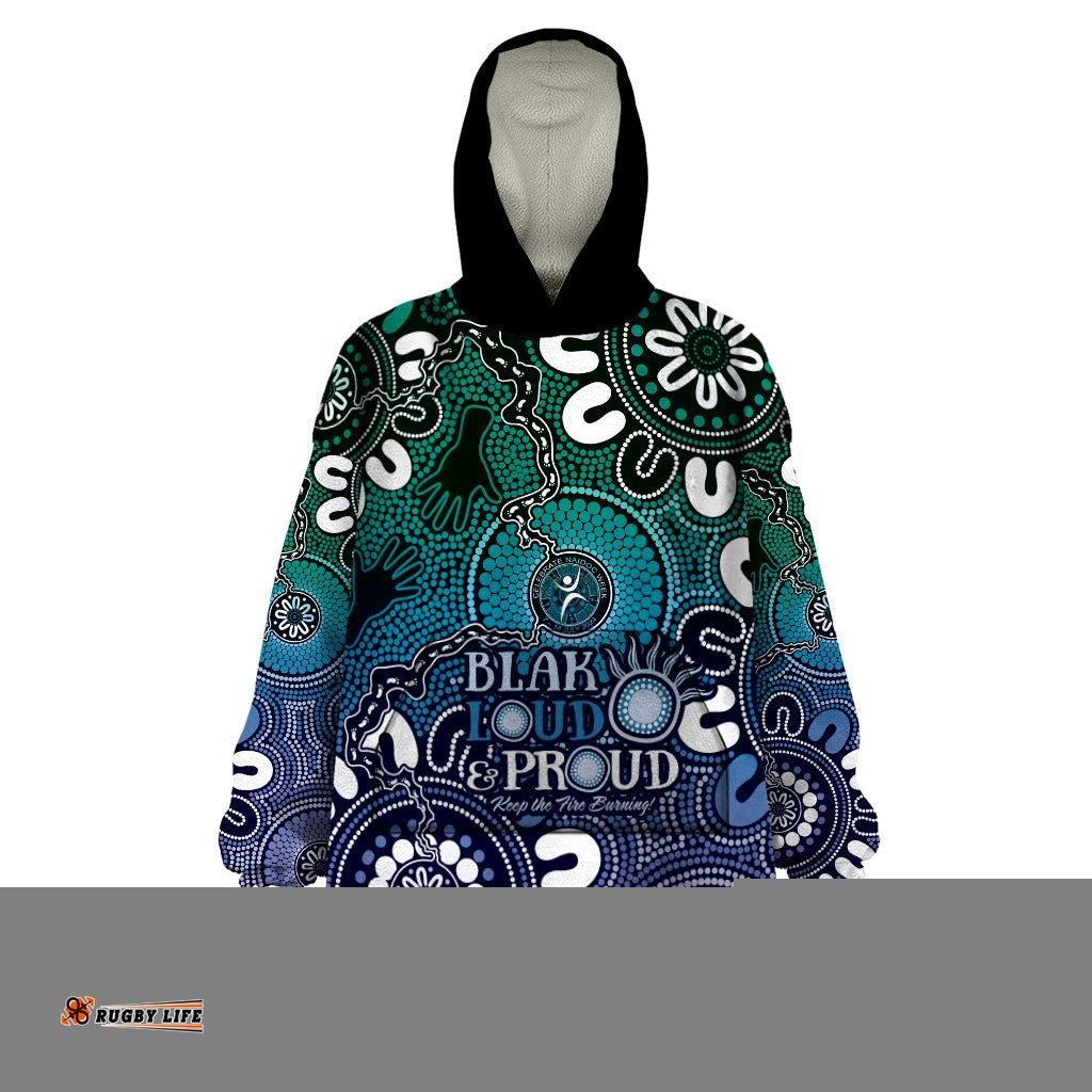 naidoc week 2024 fire burning wearable blanket hoodie aboriginal dots blue art