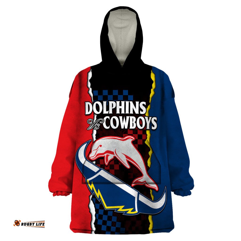 custom text and number nrl combine dolphins and cowboys wearable blanket hoodie