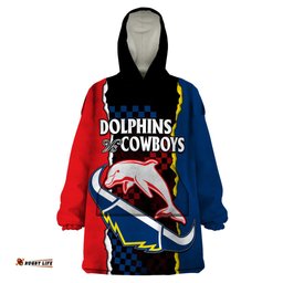 custom text and number nrl combine dolphins and cowboys wearable blanket hoodie