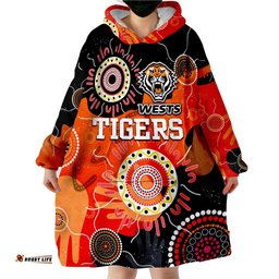 custom text and number wests tigers indigenous aboriginal rugby wearable blanket hoodie