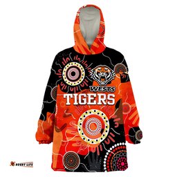 custom text and number wests tigers indigenous aboriginal rugby wearable blanket hoodie