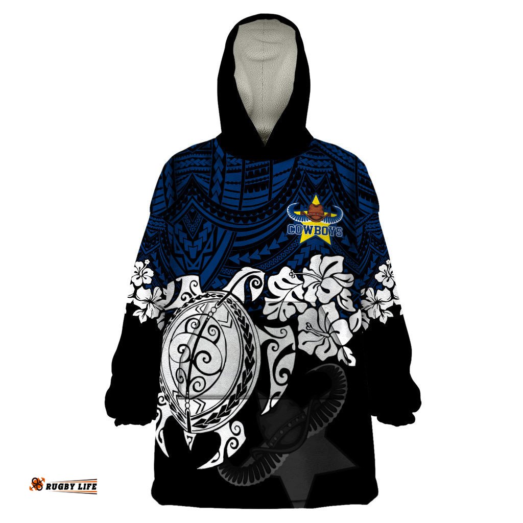 custom cowboys rugby wearable blanket hoodie hibiscus and turtle with polynesian pattern