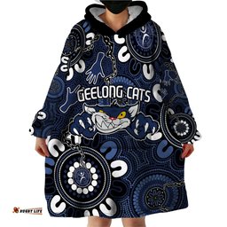 custom geelong cats naidoc week 2024 wearable blanket hoodie fire burning aboriginal dots art