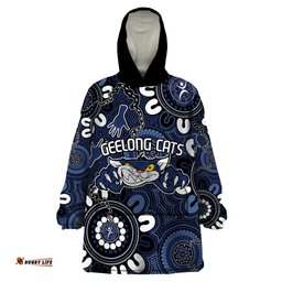 custom geelong cats naidoc week 2024 wearable blanket hoodie fire burning aboriginal dots art