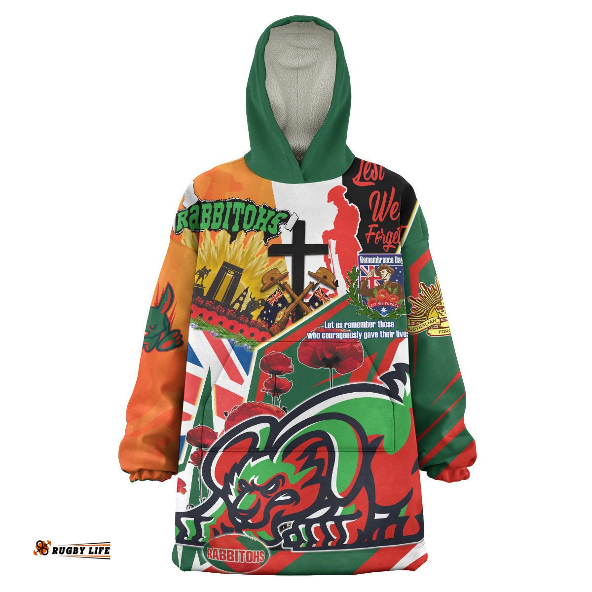 rabbitohs rugby snug hoodie custom remembrance rabbitohs anzac quote with poppy and rosemary wearable blanket hoodie