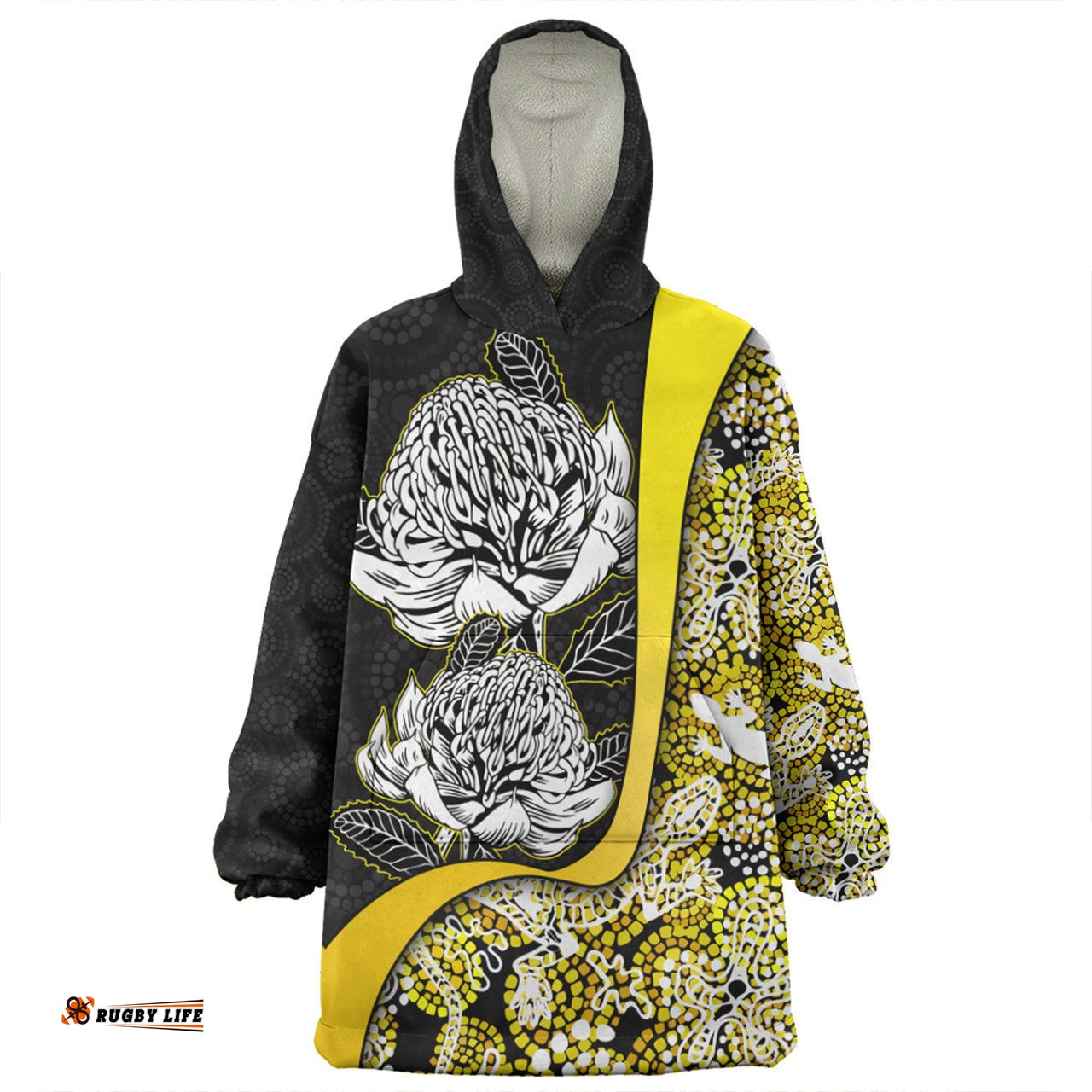 Australia Warratah Goanna Aboriginal Snug Hoodie - Waratah Flowers With Yellow Lizards, Stones, Sand Dot Art Painting Inspired Snug Hoodie