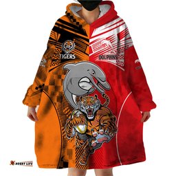 custom text and number nrl half dolphins and half tigers wearable blanket hoodie sporty style
