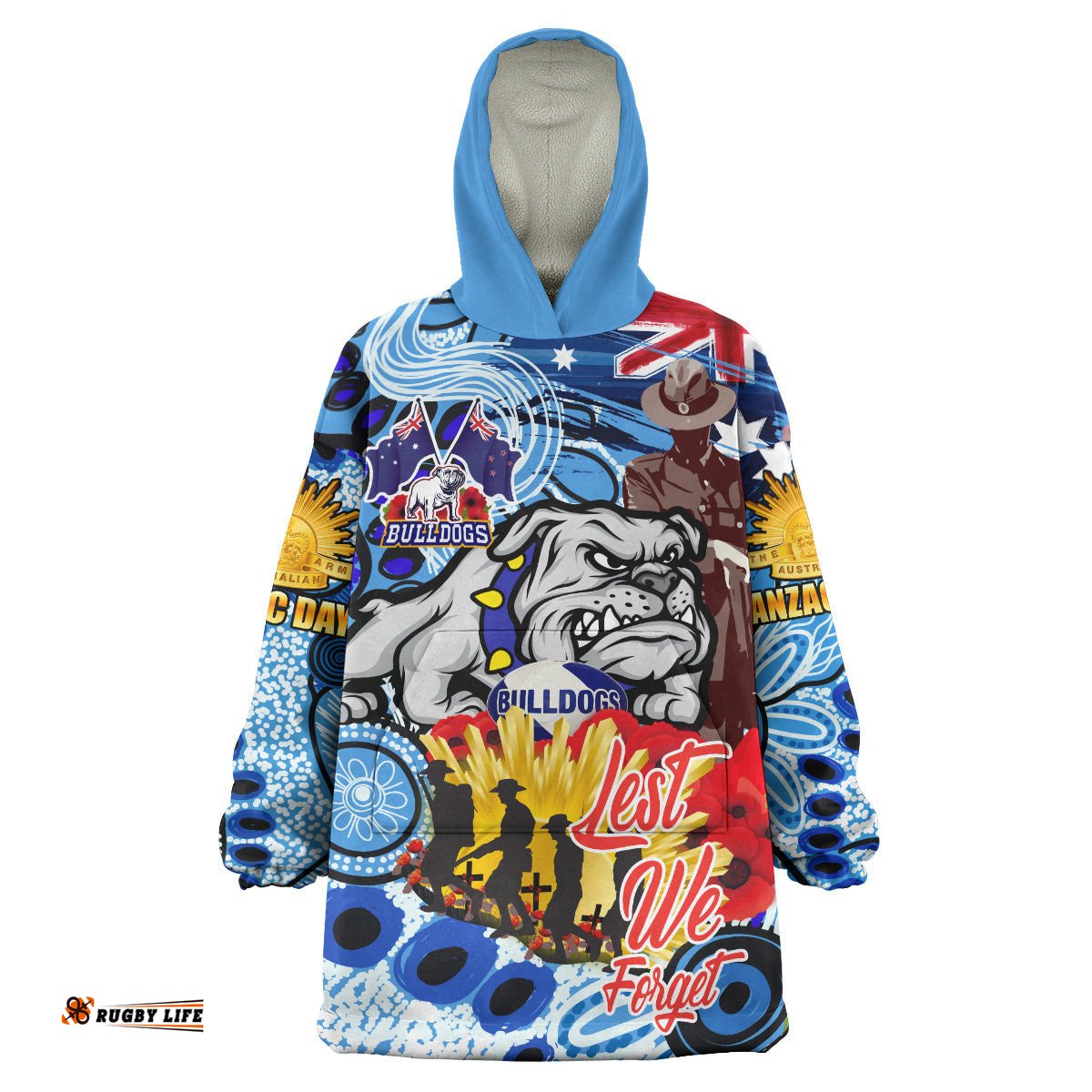 bulldogs rugby australia and nz anzac day snug hoodie lest we forget bulldogs with rugby ball and aboriginal patterns oodie blanket
