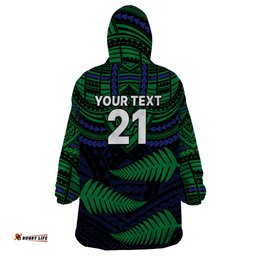 custom warriors rugby wearable blanket hoodie aotearoa fern polynesian pattern