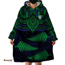 custom warriors rugby wearable blanket hoodie aotearoa fern polynesian pattern