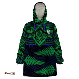 custom warriors rugby wearable blanket hoodie aotearoa fern polynesian pattern