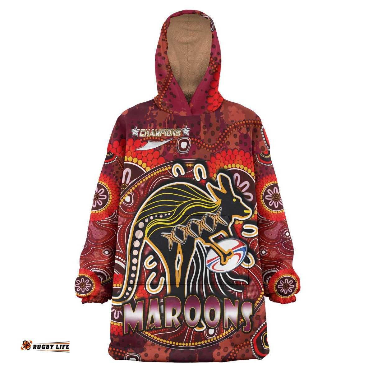 maroons rugby snug hoodie custom maroons kangaroo with aboriginal style of dot painting personalised player and number oodie blanket